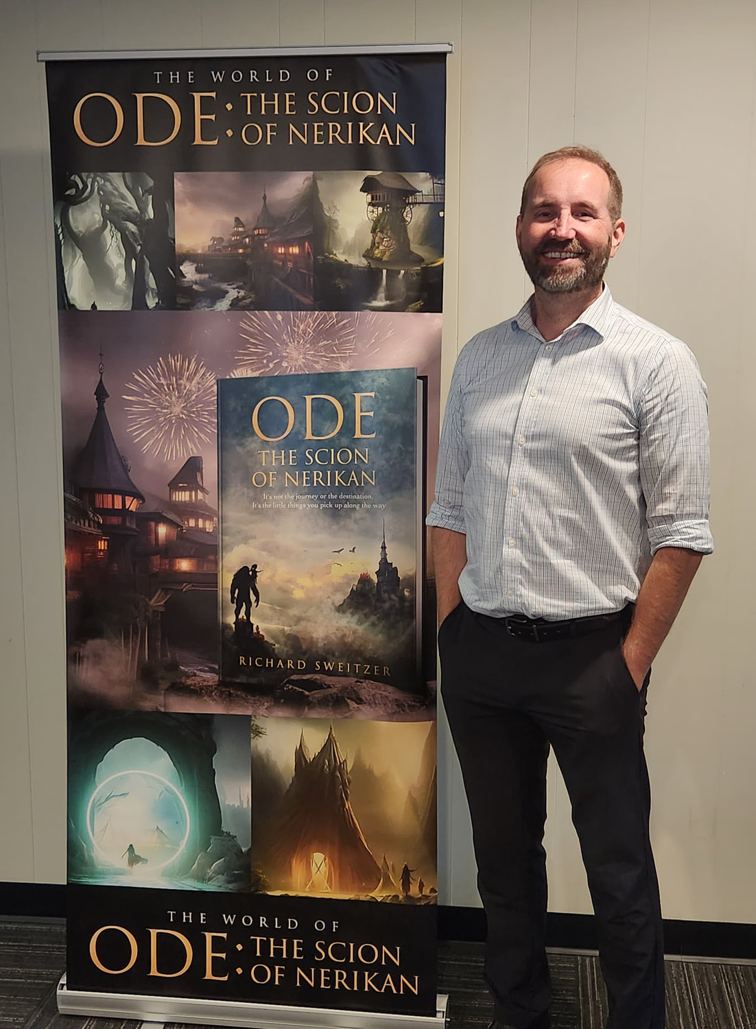 the author, richard sweitzer, standing next to a promotion for the book